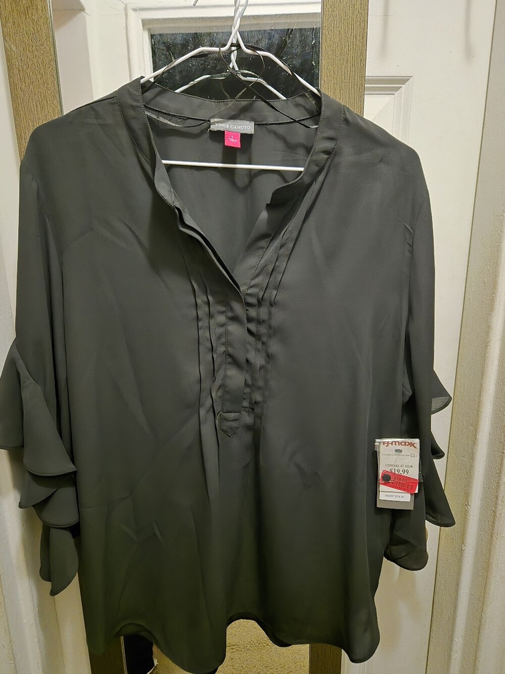 Vince Camuto Ruffle Sleeve Split Neck Blouse Black Large